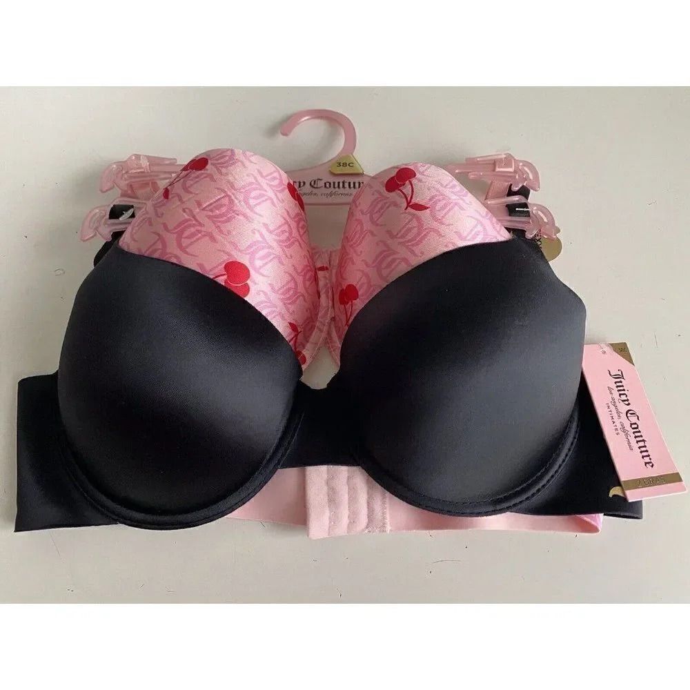 2 Pack Juicy Couture Bra SEXY Push Up JC6965 Cherries Logo Pink Black Sz 38C NEW